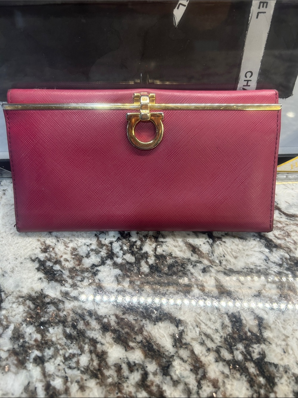 Salvatore Ferragamo Fusia Leather long wallet with Gold Hardware